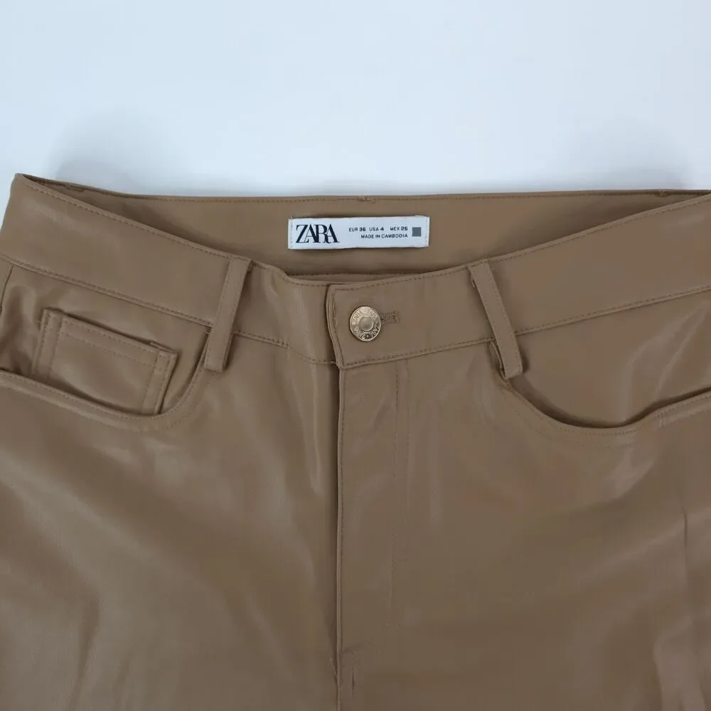 Zara Pants Womens 4 (27x25.5) Vegan Brown Faux Leather Flare Mid Rise‎
